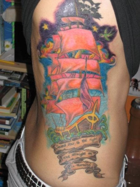 Excellent Ship Tattoo On Rib
