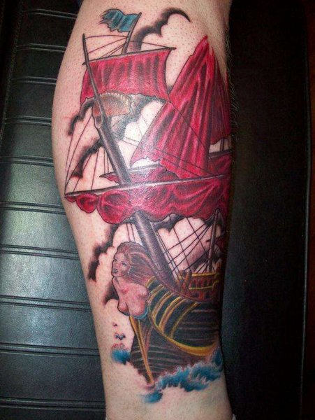 Red Ship Tattoo On Leg