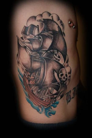 Pirate Ship Tattoo On Rib