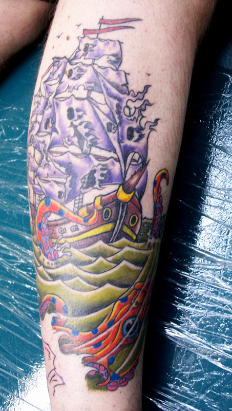 Ship Tattoo On Leg