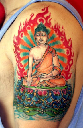 Holy Buddhist Tattoo On Shoulder