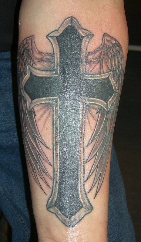 Cross With Wings Tattoo On Arm