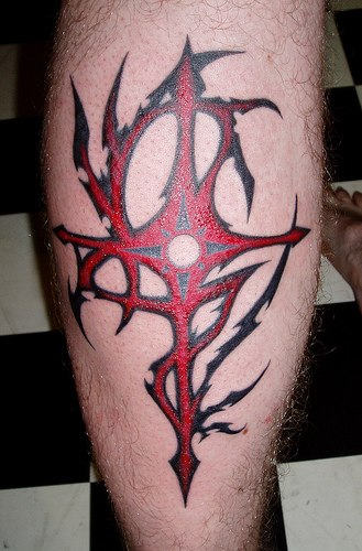 Stylish Red Cross Tattoo On Leg