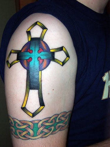 Colorful Cross Tattoo On Shoulder