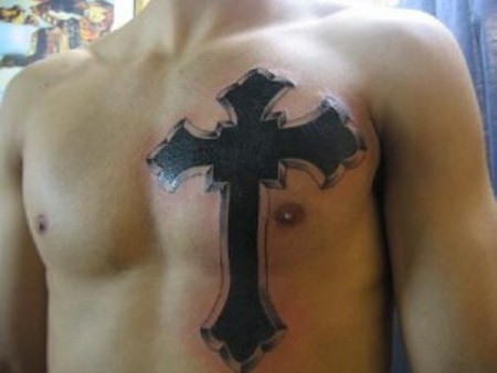 Bold Cross Tattoo On Chest