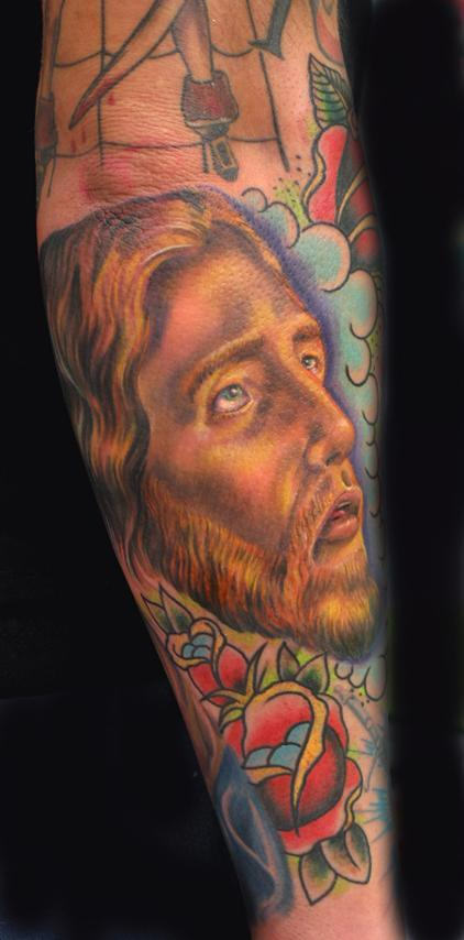 Colorful Jesus Tattoo On Arm
