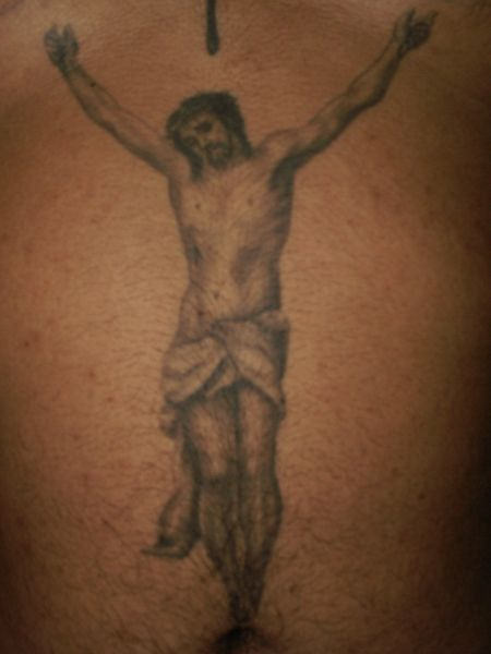 Hanged Jesus Tattoo On Stomach