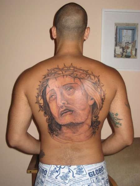 Bulky Jesus Tattoo On Back