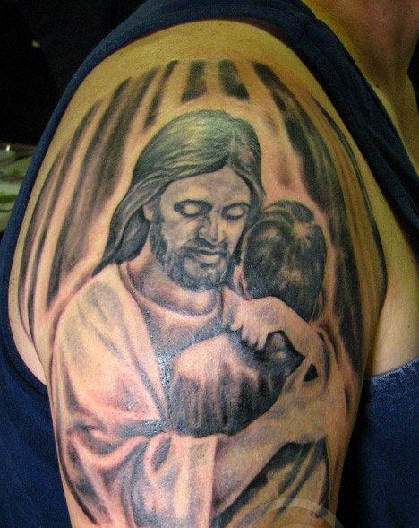 Lovable Jesus Tattoo On Shoulder