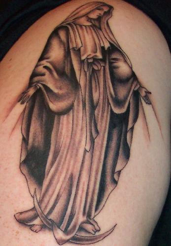Respected Mary Tattoo On Shoulder