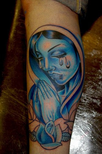 Crying Mary Tattoo On Leg 