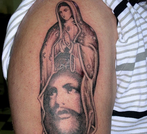 Mary-Jesus Tattoo On Shoulder