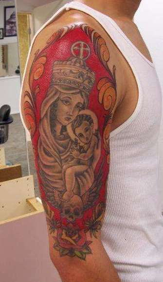 Awesome Jesus-Mary Tattoo On Shoulder