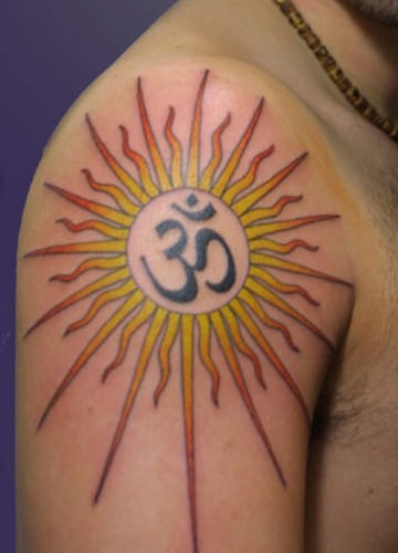 Sun Om Tattoo On Shoulder