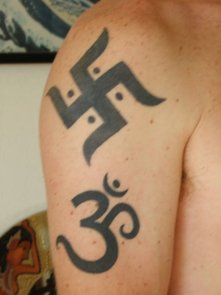 Shubh Labh and Om Tattoo On Shoulder