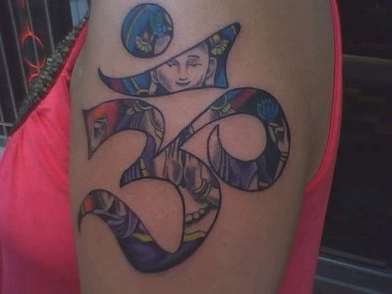 Colorful Om Tattoo On Shoulder