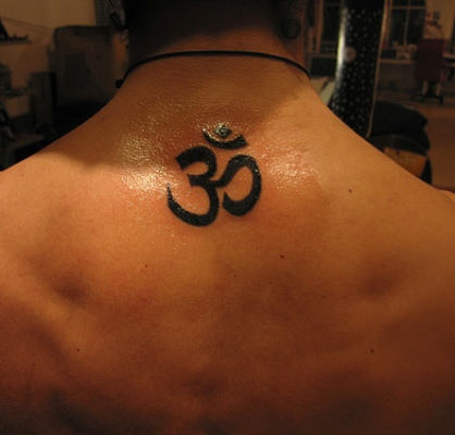 Cool Black Om Tattoo On Back