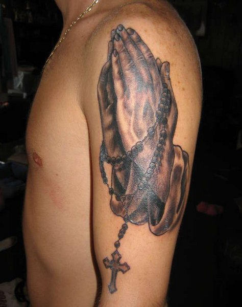Holy Praying Hands Tattoo On Shoulder
