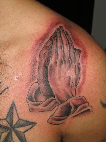 Praying Hands Tattoo On Shoulder