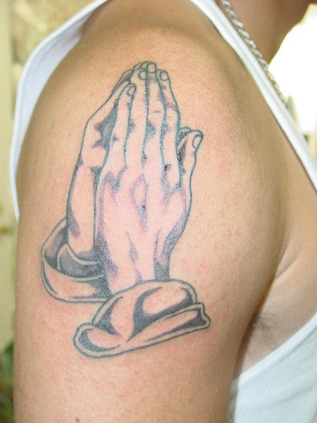 Praying Hands Tattoo On Shoulder