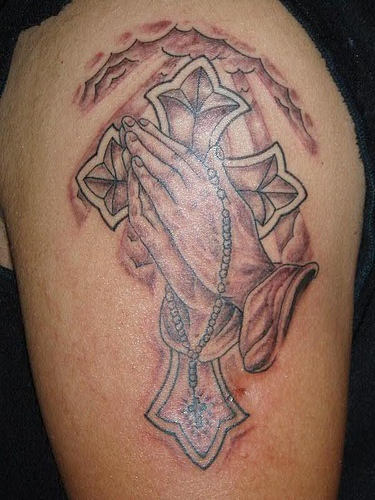 Praying Hands Tattoo On Shoulder