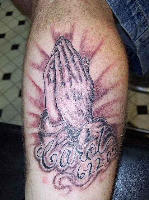 Praying Hands Tattoo On Leg