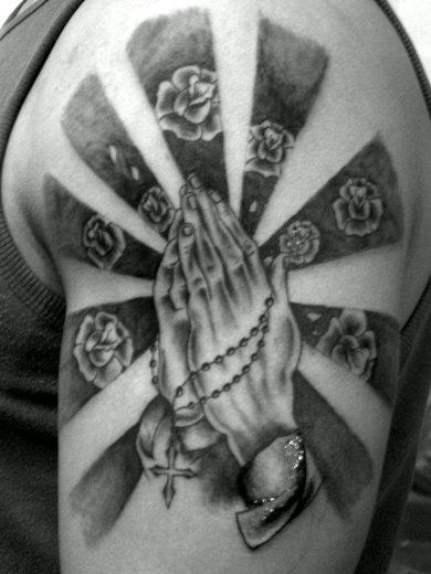 Praying Hands Tattoo On Shoulder