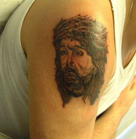 Jesus Image Tattoo On Shoulder