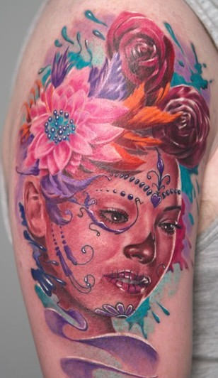 Dia De Flowers Girl Tattoo On Shoulder