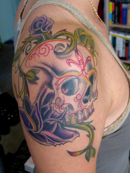 Nice Dia De Los Muertos Tattoo On Shoulder