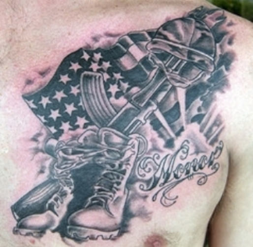 Soldier Memorial Tattoo On Chest