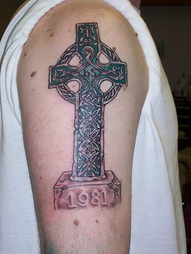 Memorial Cross Tattoo On Shoulder