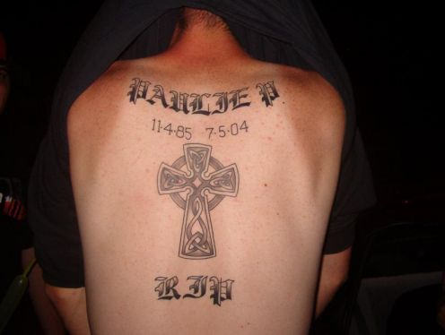 Memorial Cross Tattoo On Back