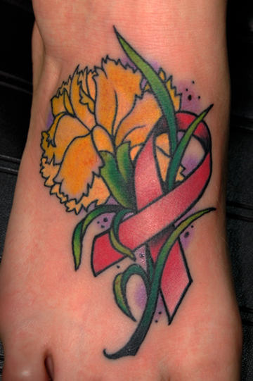 Flowers Ribbon Tattoo On Foot