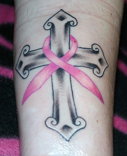Pink Ribbon With Cross Tattoo