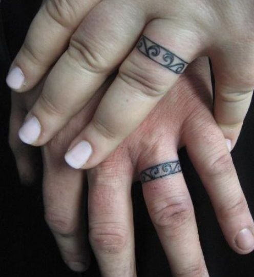 Nice Couple Rings Tattoo On Fingers