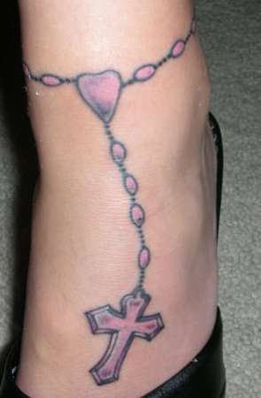 Pink Rosary Tattoo On Foot