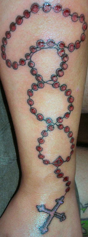 Red Rosary Tattoo On Leg