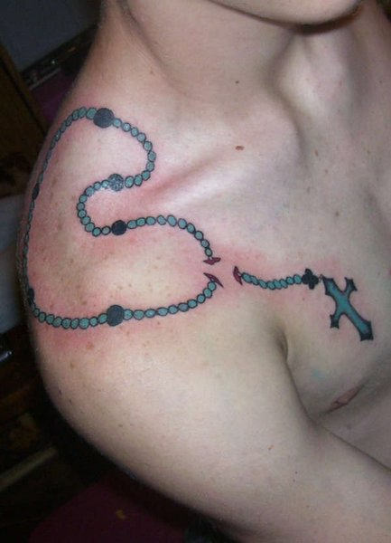 Blue Rosary Tattoo On Shoulder