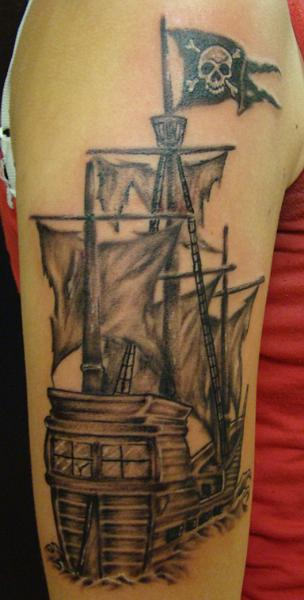 Pirate Ship Tattoo On Shoulder