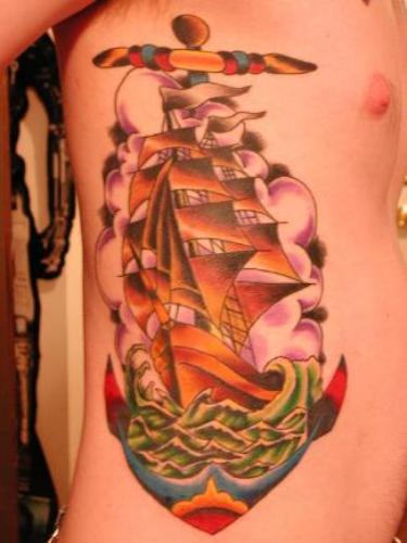 Beautiful Ship Tattoo on Ribs