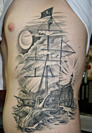 Grey Ship Tattoo On Rib