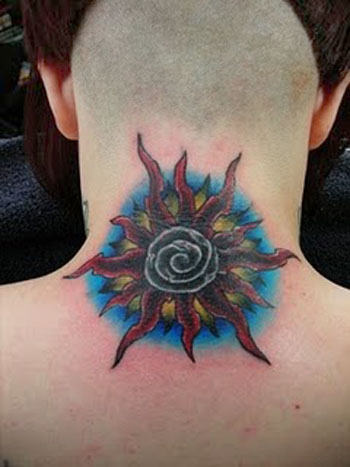 Winsome Sun Tattoo On Neck