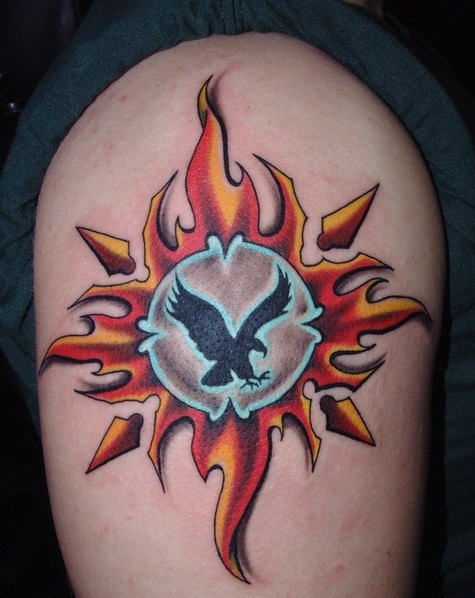 Excellent Sun Tattoo On Shoulder