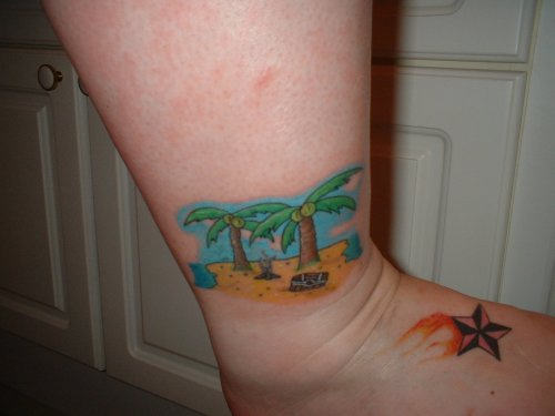 Palm Tree On Beach Tattoo On Ankle