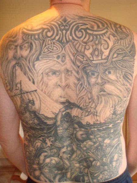 Huge War and Vikings Tattoo On Back