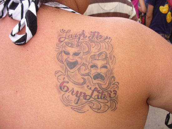 Laugh Now Cry Later Word Tattoo on Back