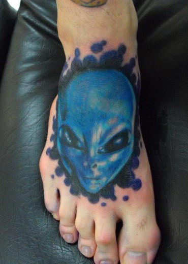Blue Alien Tattoo On Foot