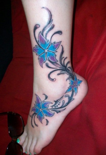 Blue Flowers Tattoo On Ankle