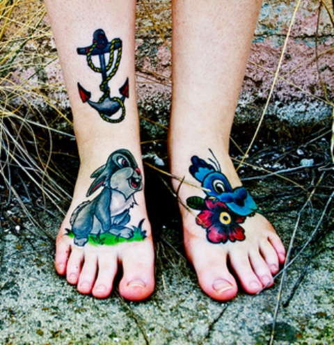 Bunny & Bird Tattoo On Feet